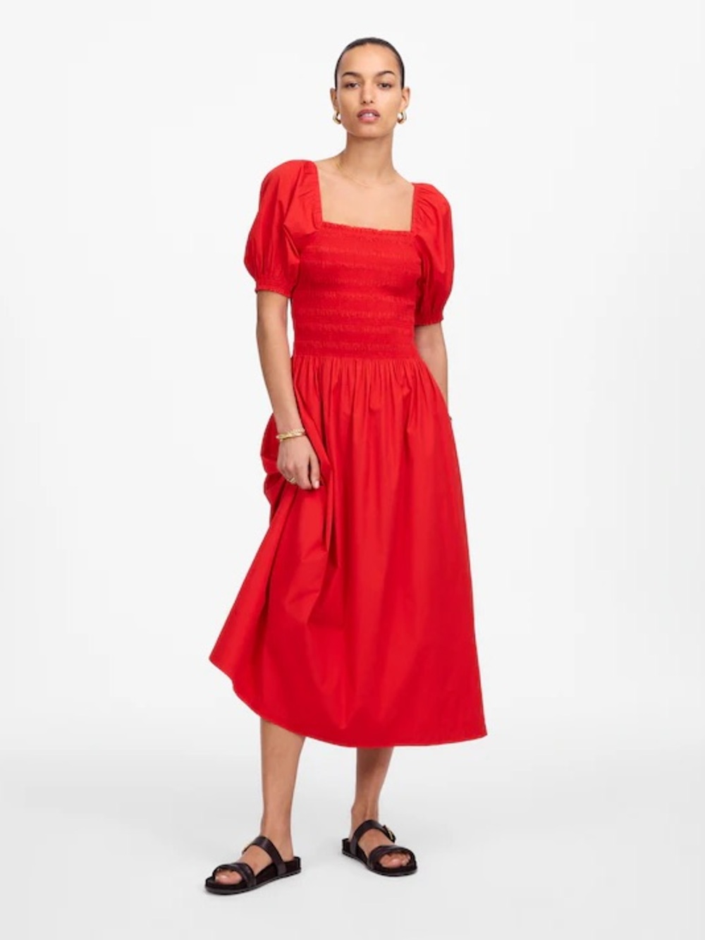 Madewell Red Smocked Square-Neck Midi Dress with Puff Sleeves